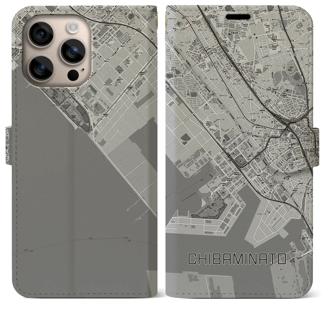 【千葉みなと(千葉県)】地図柄iPhoneケース(手帳タイプ)モノトーン・iPhone 16 Plus 用