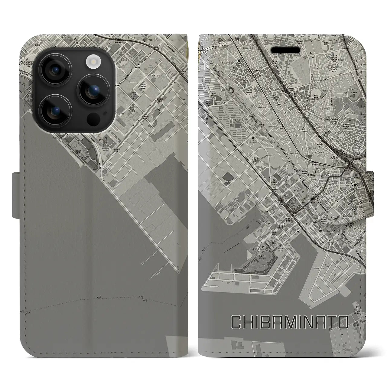 【千葉みなと(千葉県)】地図柄iPhoneケース(手帳タイプ)モノトーン・iPhone 16 用
