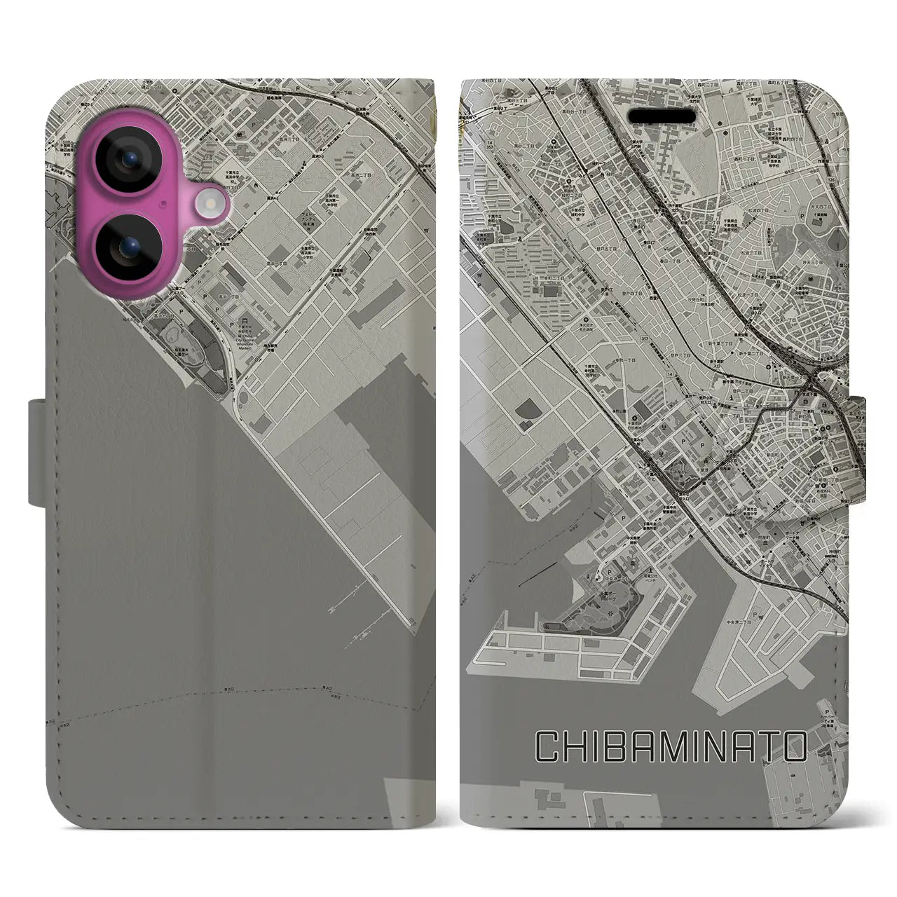 【千葉みなと(千葉県)】地図柄iPhoneケース(手帳タイプ)モノトーン・iPhone 16 Pro 用