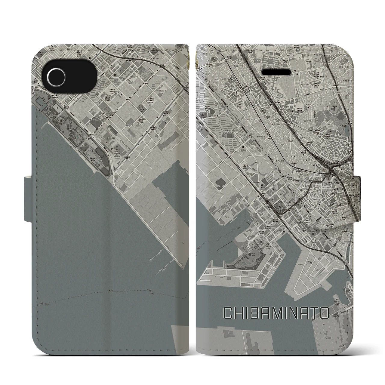 【千葉みなと(千葉県)】地図柄iPhoneケース(手帳タイプ)モノトーン・iPhone SE(第3 / 第2世代) / 8 / 7 / 6s / 6 用