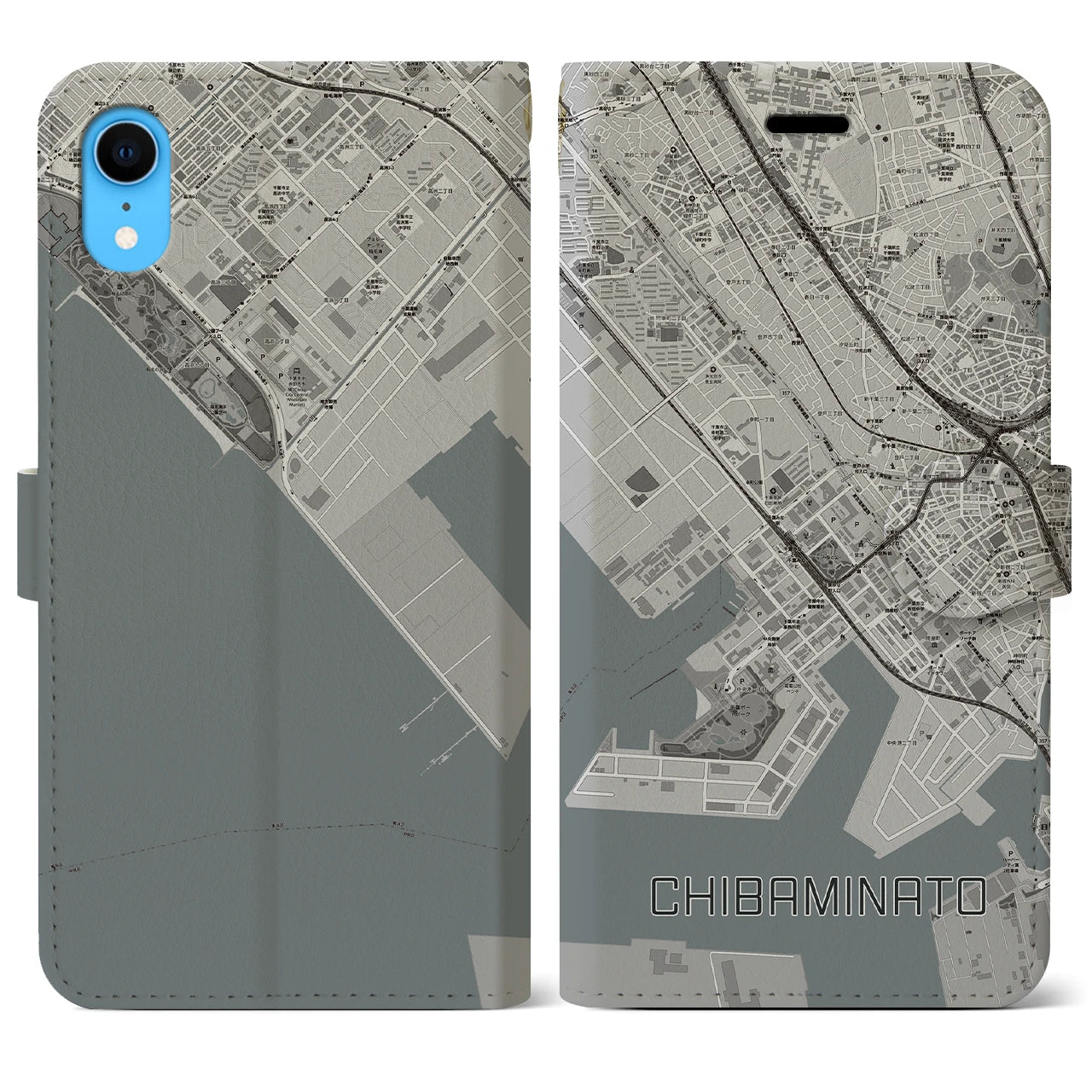 【千葉みなと(千葉県)】地図柄iPhoneケース(手帳タイプ)モノトーン・iPhone XR 用