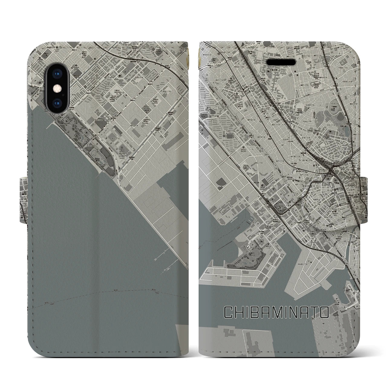 【千葉みなと(千葉県)】地図柄iPhoneケース(手帳タイプ)モノトーン・iPhone XS / X 用