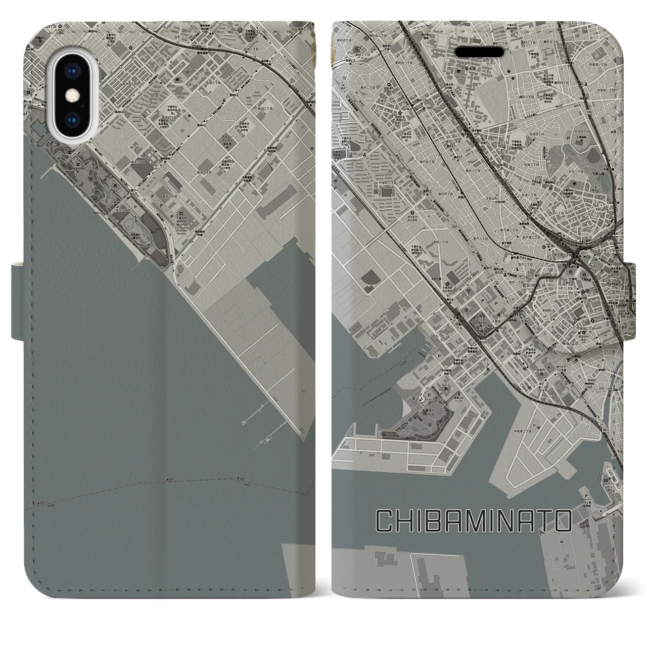 【千葉みなと(千葉県)】地図柄iPhoneケース(手帳タイプ)モノトーン・iPhone XS Max 用