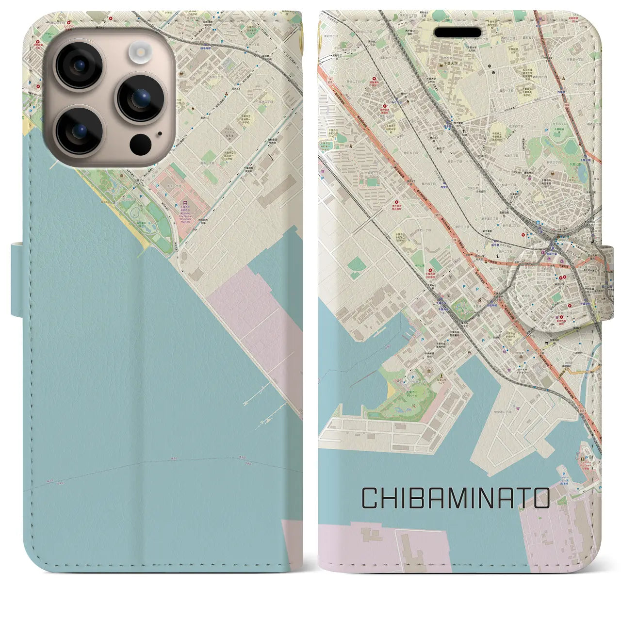 【千葉みなと(千葉県)】地図柄iPhoneケース(手帳タイプ)ナチュラル・iPhone 16 Plus 用