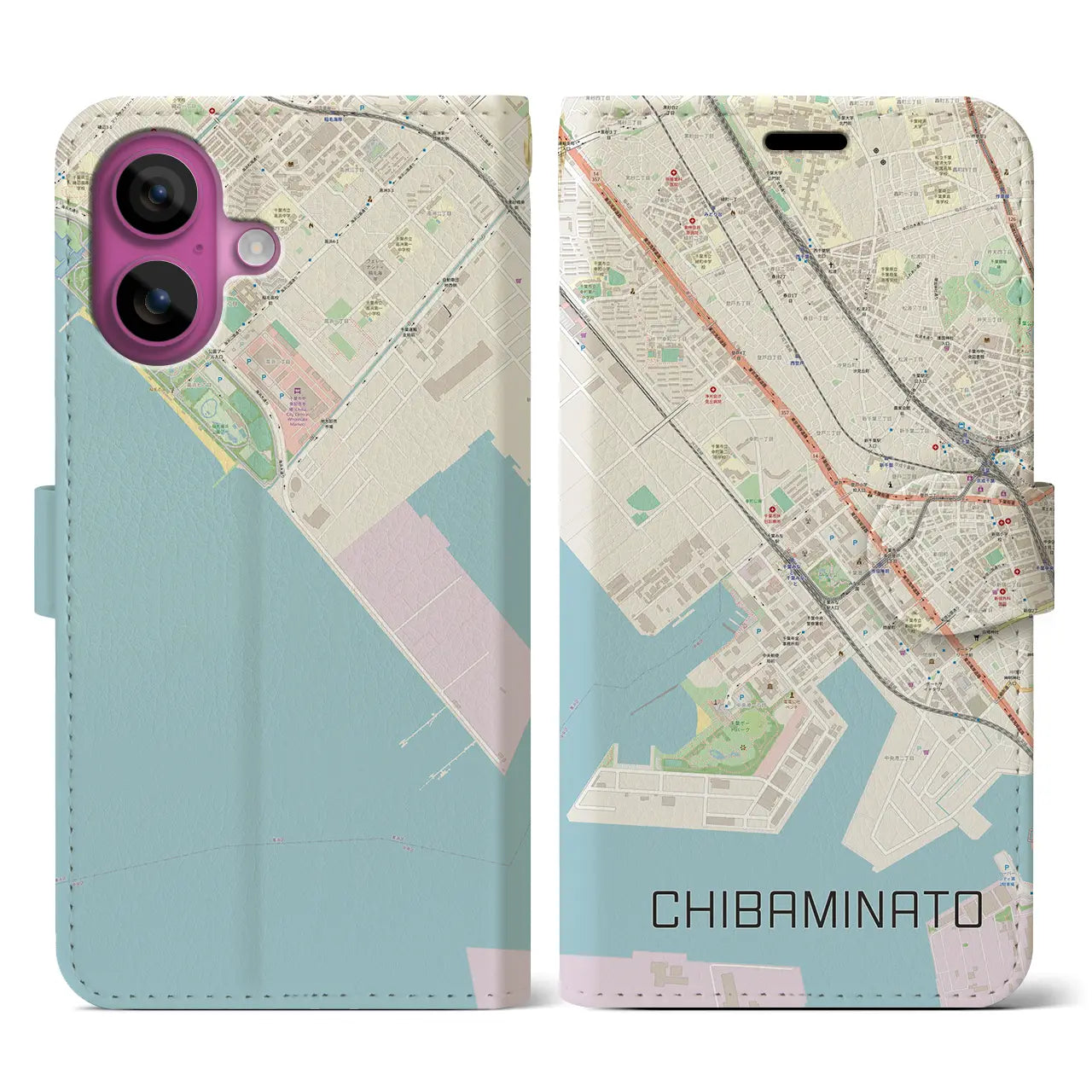【千葉みなと(千葉県)】地図柄iPhoneケース(手帳タイプ)ナチュラル・iPhone 16 Pro 用