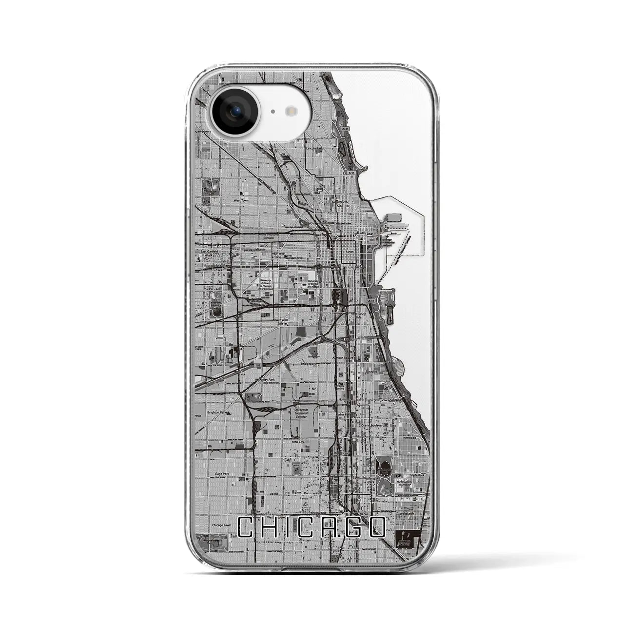 【シカゴ(アメリカ)】地図柄iPhoneケース(クリアタイプ)モノトーン・iPhone 16e 用