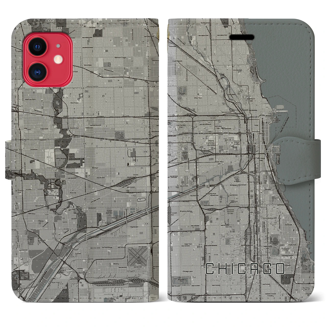 【シカゴ(アメリカ)】地図柄iPhoneケース(手帳タイプ)モノトーン・iPhone 11 用