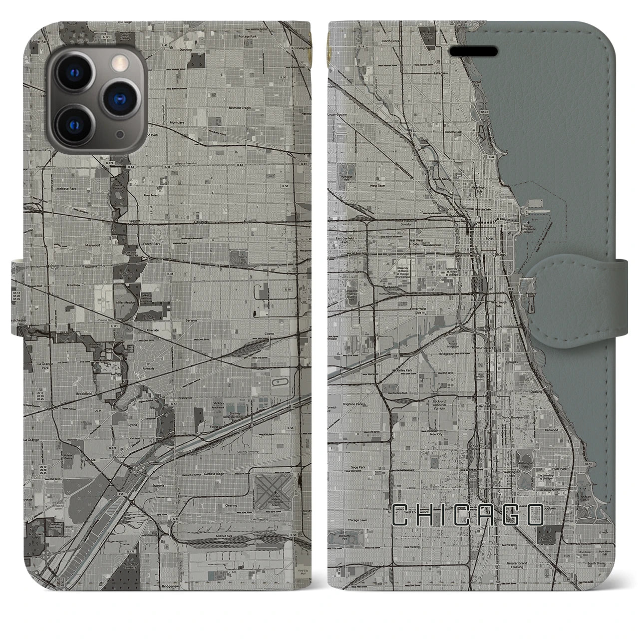 【シカゴ(アメリカ)】地図柄iPhoneケース(手帳タイプ)モノトーン・iPhone 11 Pro Max 用