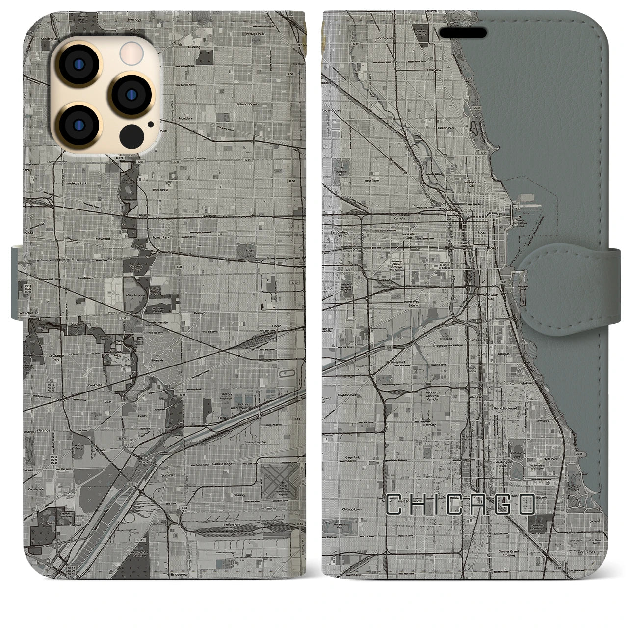 【シカゴ(アメリカ)】地図柄iPhoneケース(手帳タイプ)モノトーン・iPhone 12 Pro Max 用