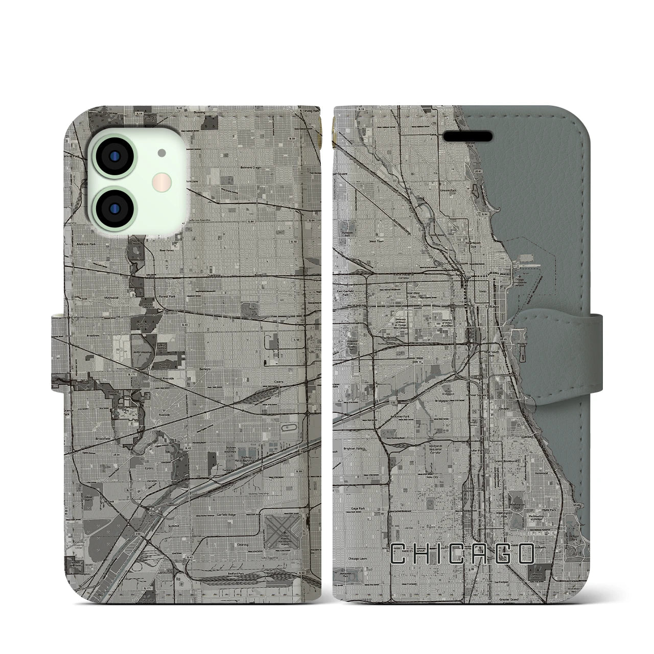 【シカゴ(アメリカ)】地図柄iPhoneケース(手帳タイプ)モノトーン・iPhone 12 mini 用