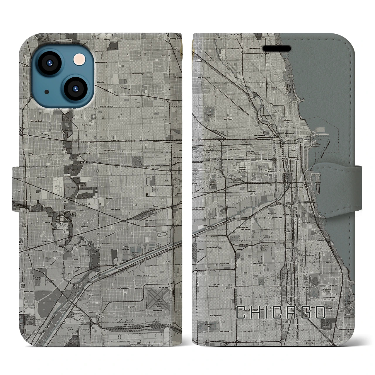 【シカゴ(アメリカ)】地図柄iPhoneケース(手帳タイプ)モノトーン・iPhone 13 用