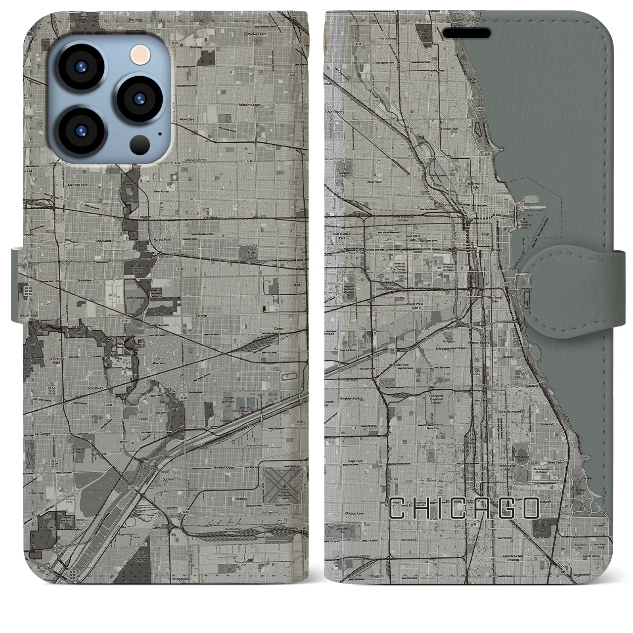 【シカゴ(アメリカ)】地図柄iPhoneケース(手帳タイプ)モノトーン・iPhone 13 Pro Max 用