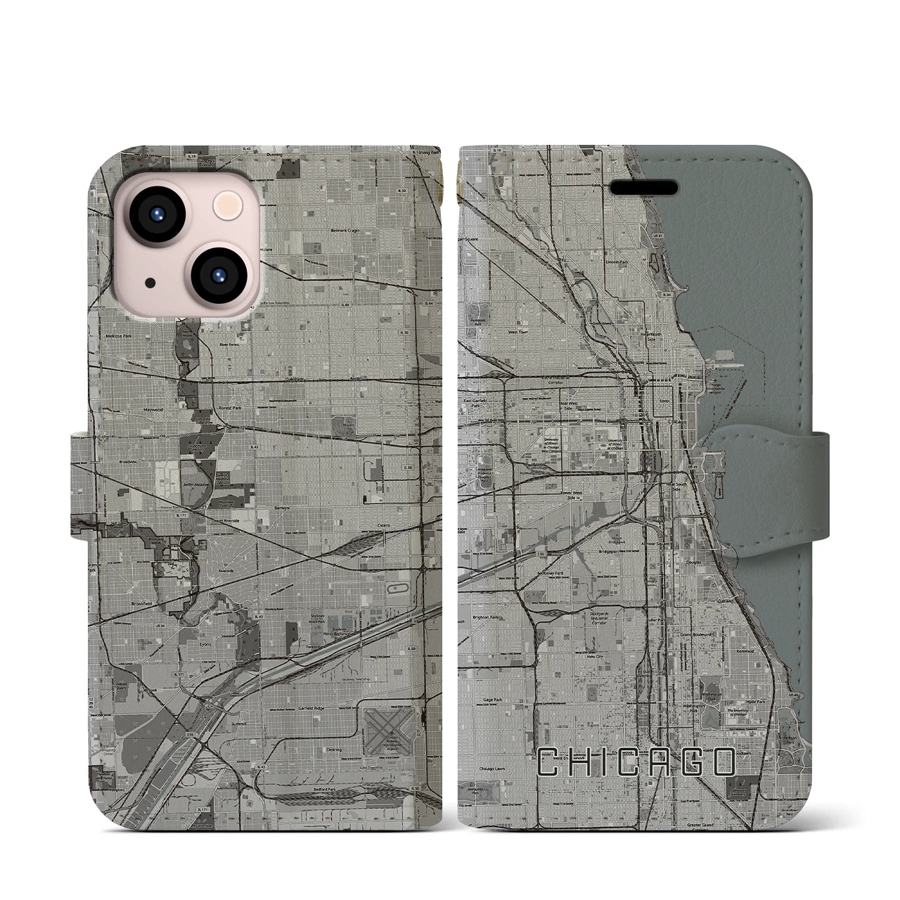 【シカゴ(アメリカ)】地図柄iPhoneケース(手帳タイプ)モノトーン・iPhone 13 mini 用