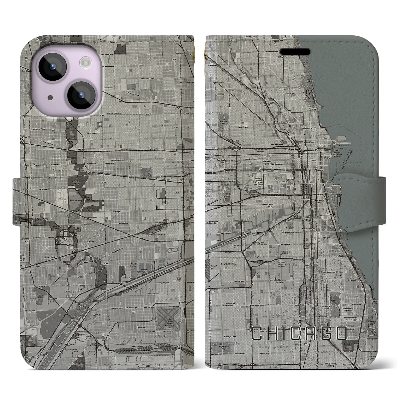 【シカゴ(アメリカ)】地図柄iPhoneケース(手帳タイプ)モノトーン・iPhone 14 用