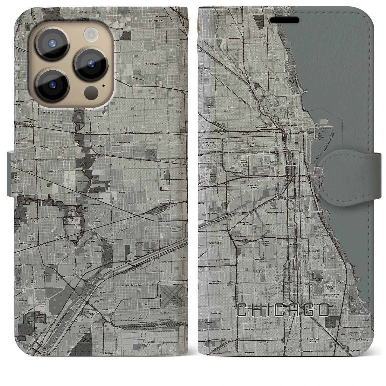 【シカゴ(アメリカ)】地図柄iPhoneケース(手帳タイプ)モノトーン・iPhone 14 Pro Max 用