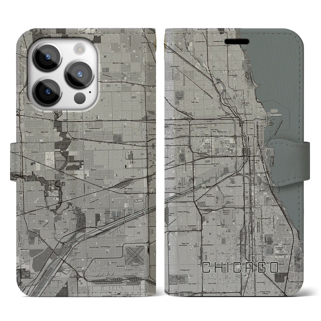 【シカゴ(アメリカ)】地図柄iPhoneケース(手帳タイプ)モノトーン・iPhone 14 Pro 用