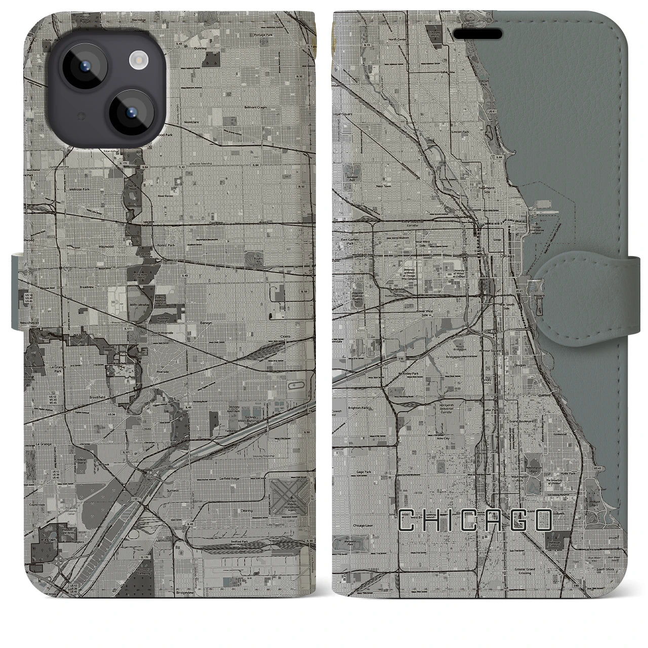【シカゴ(アメリカ)】地図柄iPhoneケース(手帳タイプ)モノトーン・iPhone 14 Plus 用