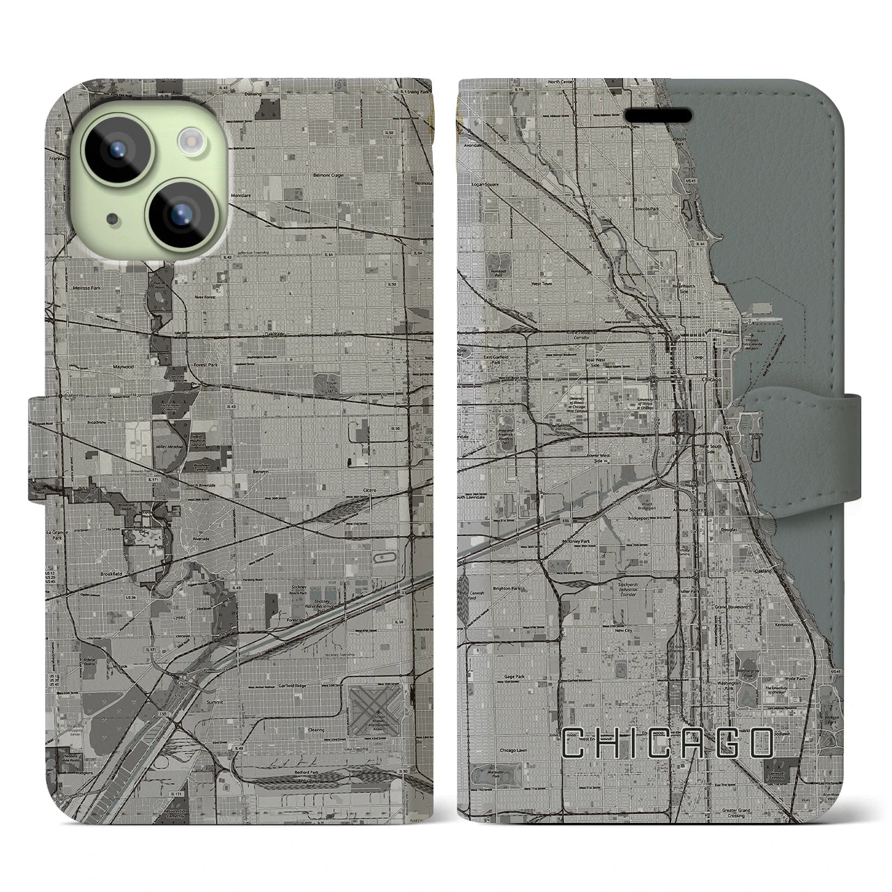 【シカゴ(アメリカ)】地図柄iPhoneケース(手帳タイプ)モノトーン・iPhone 15 用