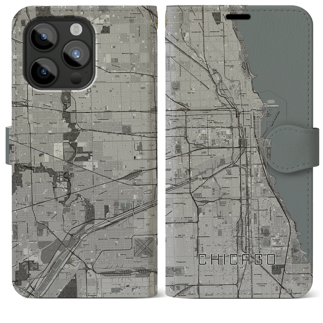 【シカゴ(アメリカ)】地図柄iPhoneケース(手帳タイプ)モノトーン・iPhone 15 Pro Max 用