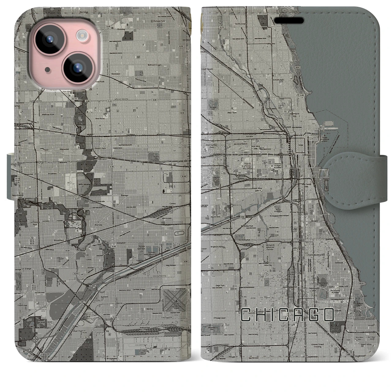 【シカゴ(アメリカ)】地図柄iPhoneケース(手帳タイプ)モノトーン・iPhone 15 Plus 用