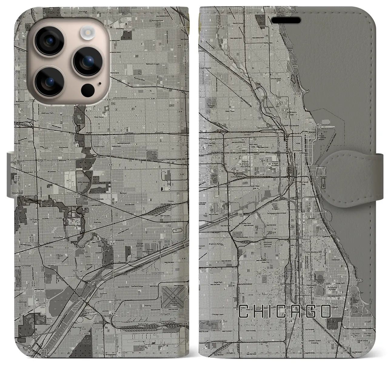 【シカゴ(アメリカ)】地図柄iPhoneケース(手帳タイプ)モノトーン・iPhone 16 Plus 用