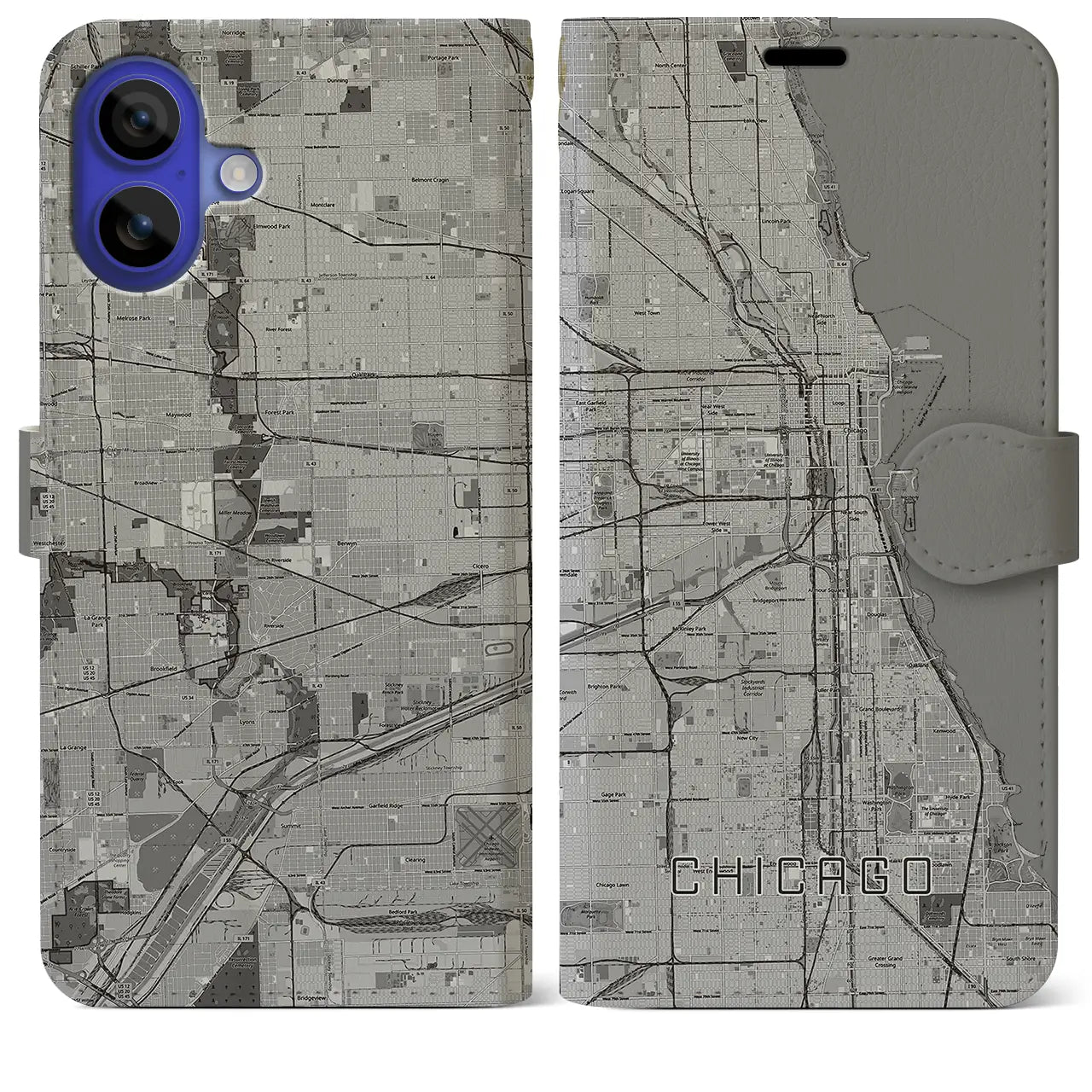 【シカゴ(アメリカ)】地図柄iPhoneケース(手帳タイプ)モノトーン・iPhone 16 Pro Max 用