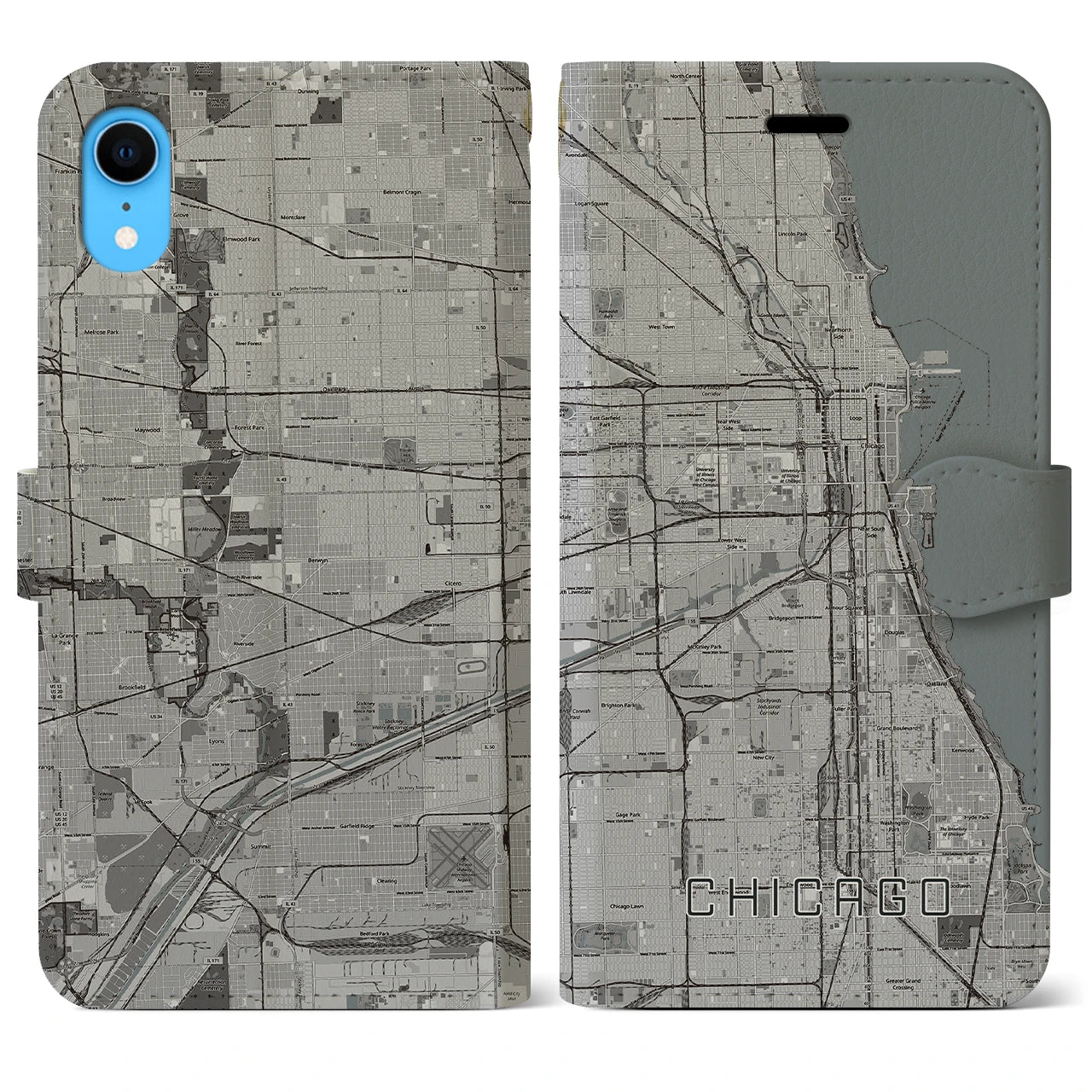 【シカゴ(アメリカ)】地図柄iPhoneケース(手帳タイプ)モノトーン・iPhone XR 用