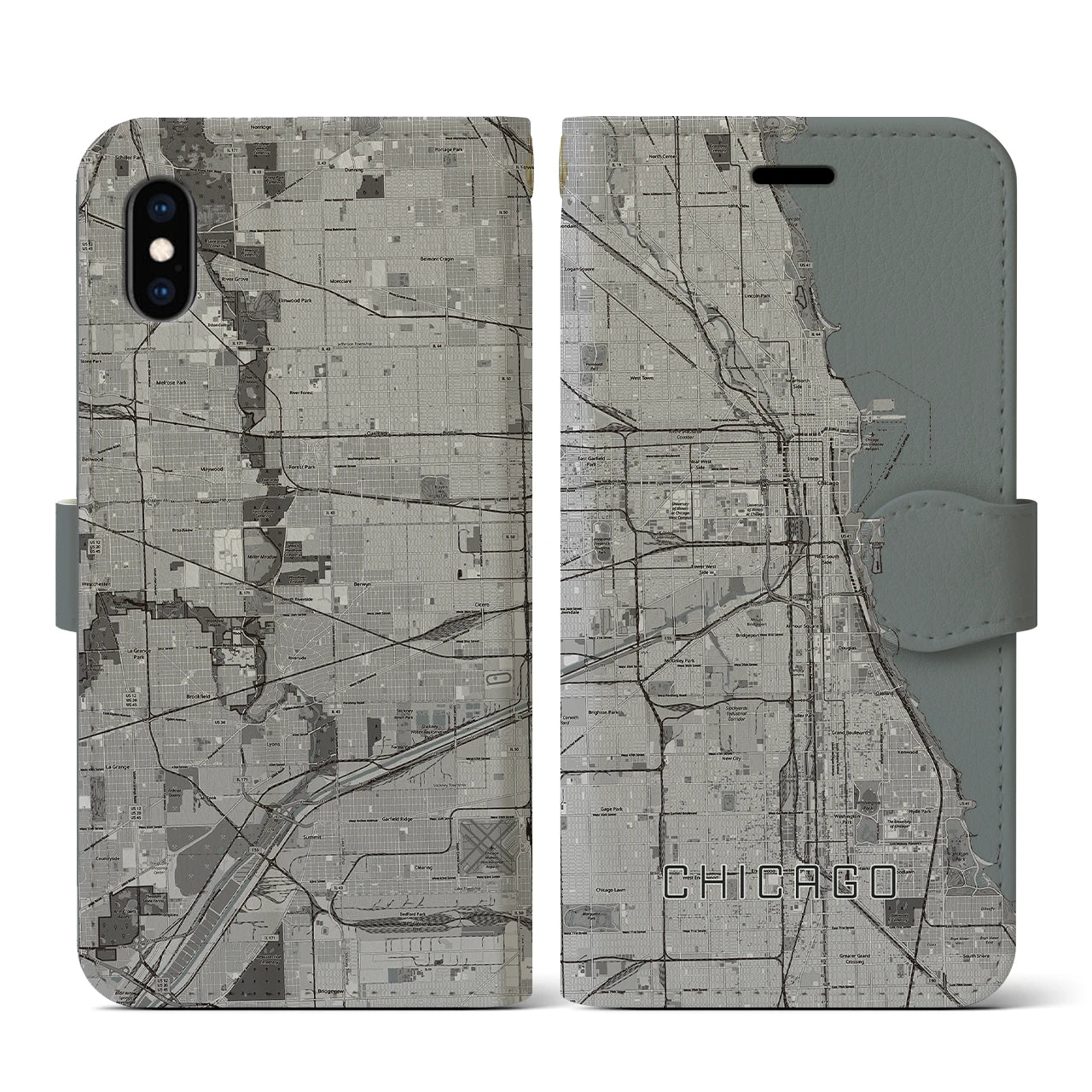 【シカゴ(アメリカ)】地図柄iPhoneケース(手帳タイプ)モノトーン・iPhone XS / X 用