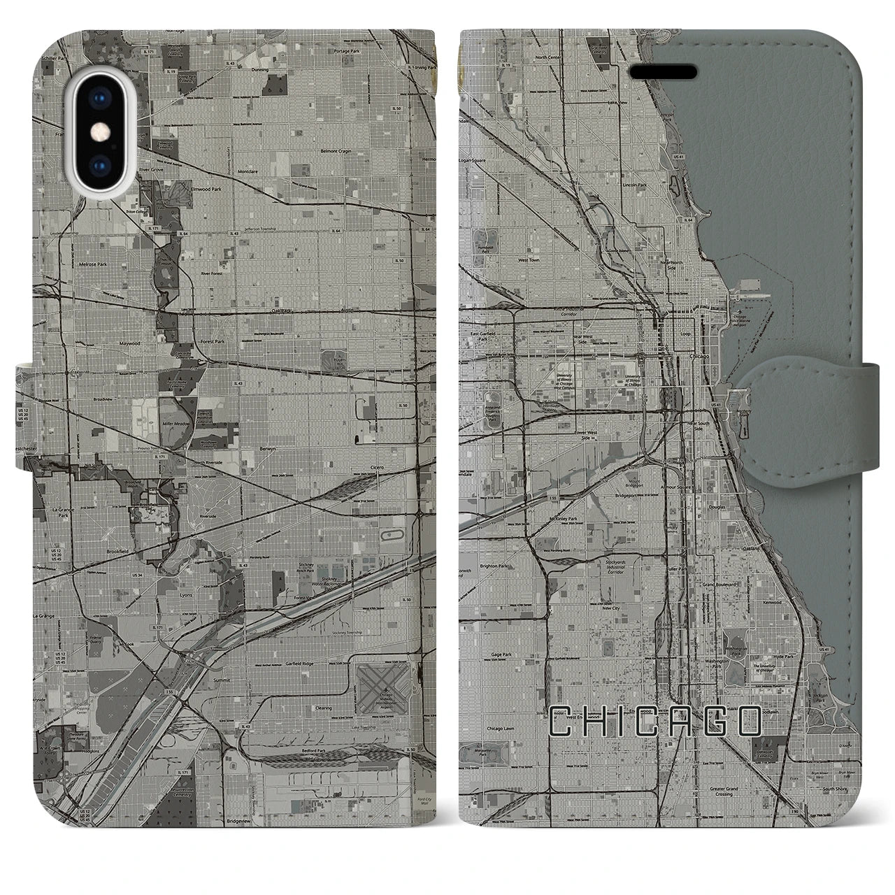 【シカゴ(アメリカ)】地図柄iPhoneケース(手帳タイプ)モノトーン・iPhone XS Max 用