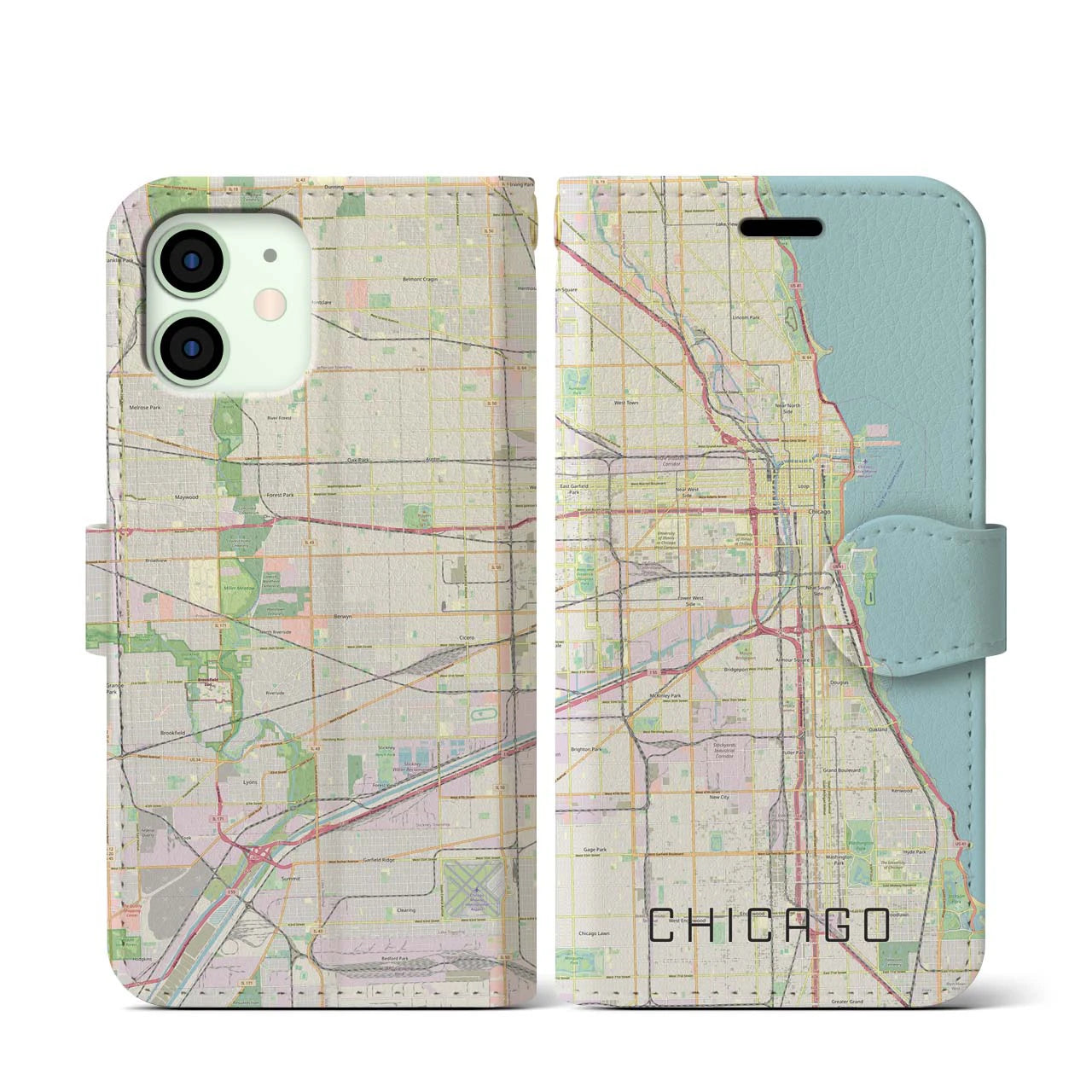 【シカゴ(アメリカ)】地図柄iPhoneケース(手帳タイプ)ナチュラル・iPhone 12 mini 用