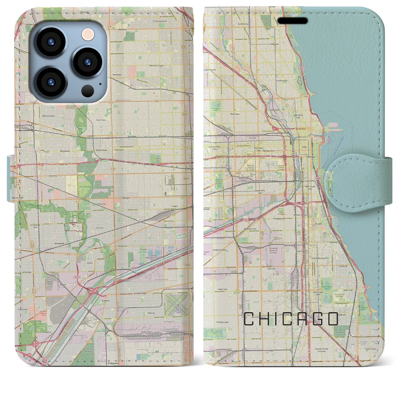 【シカゴ(アメリカ)】地図柄iPhoneケース(手帳タイプ)ナチュラル・iPhone 13 Pro Max 用