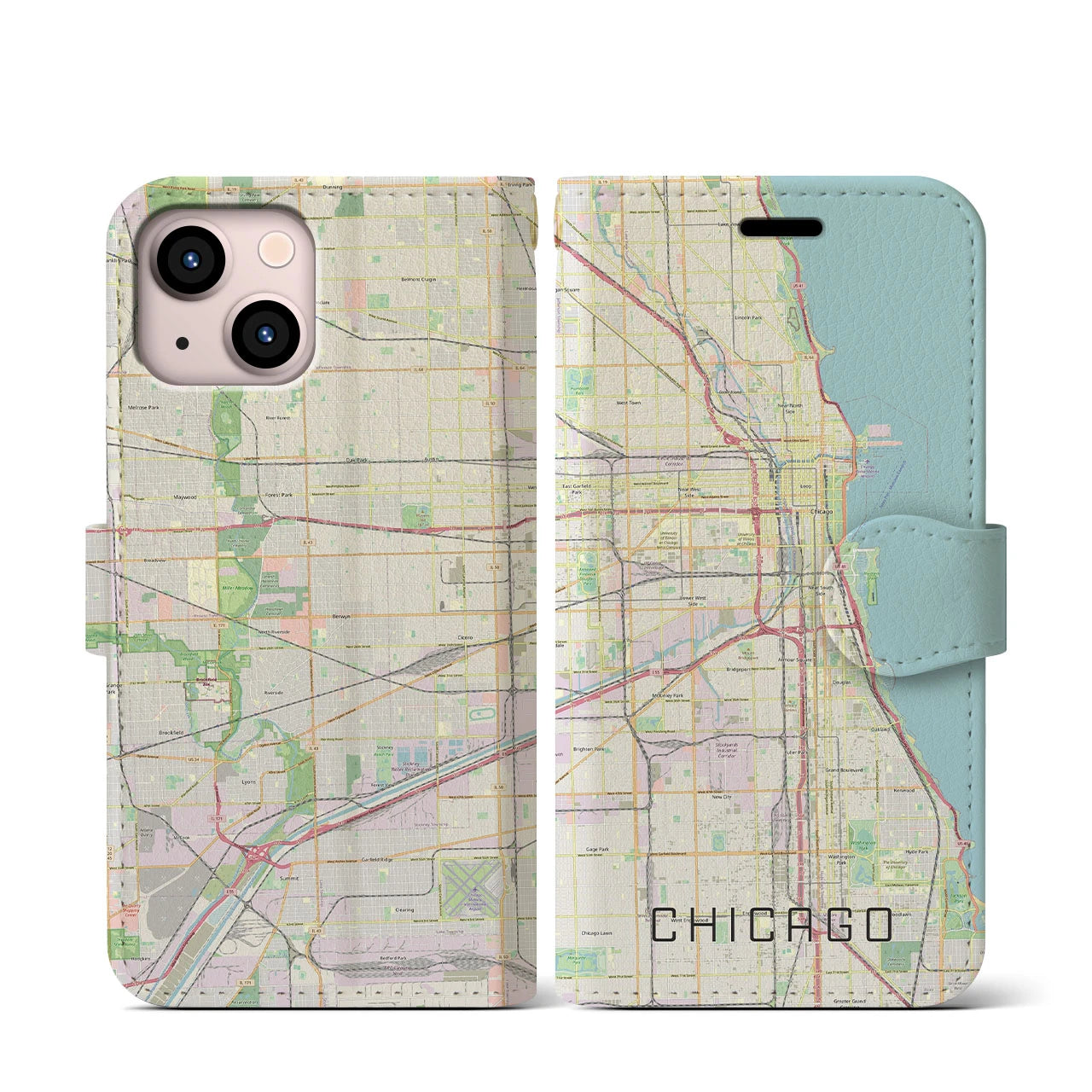 【シカゴ(アメリカ)】地図柄iPhoneケース(手帳タイプ)ナチュラル・iPhone 13 mini 用