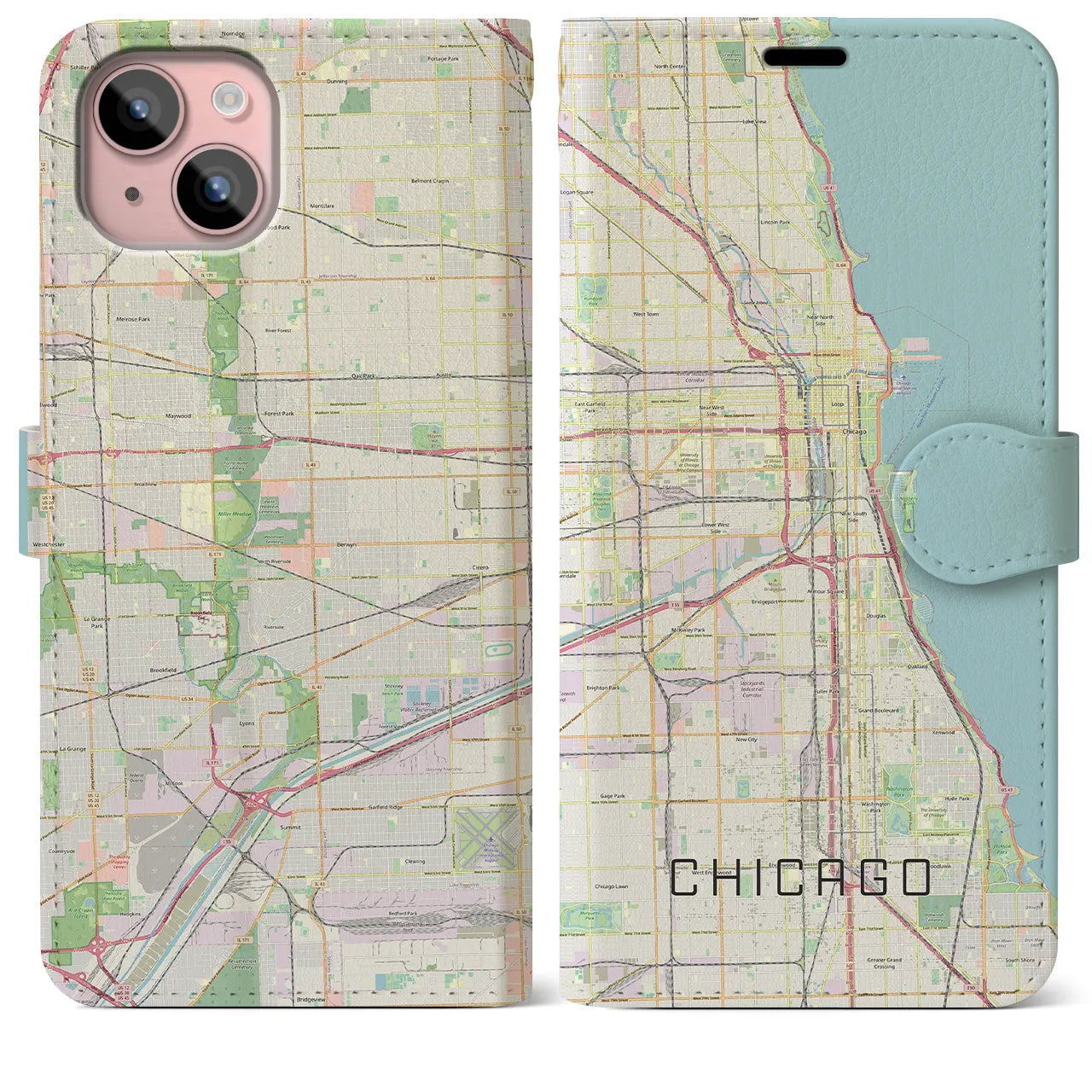 【シカゴ(アメリカ)】地図柄iPhoneケース(手帳タイプ)ナチュラル・iPhone 15 Plus 用