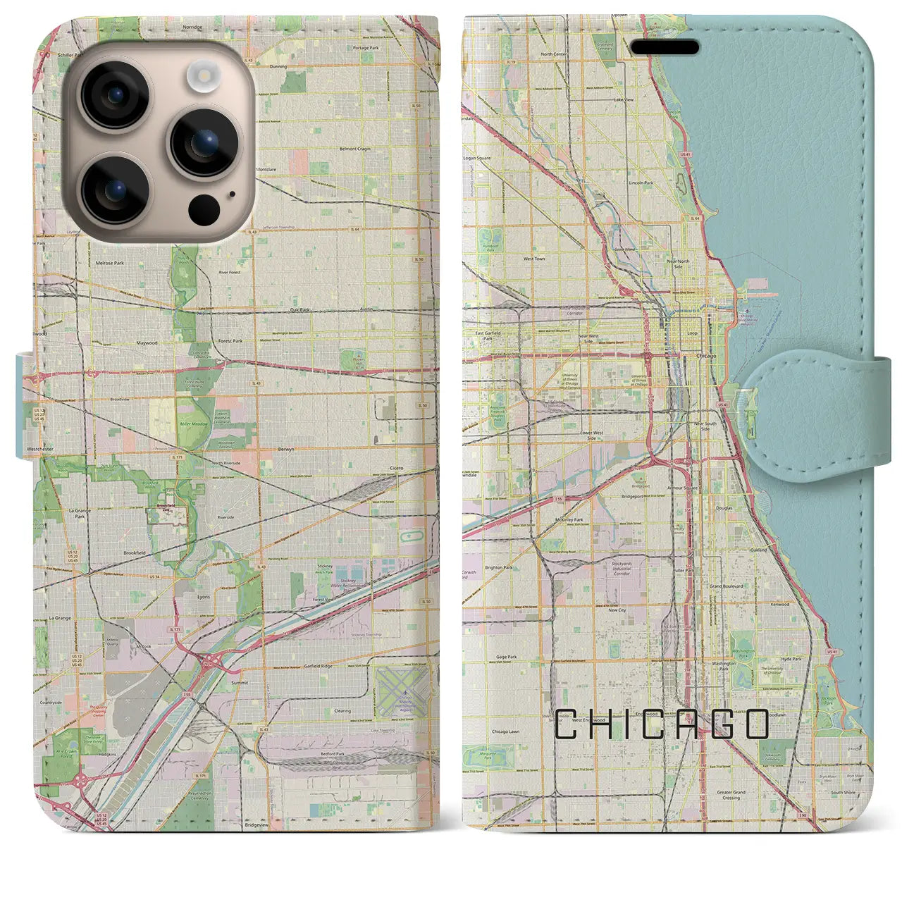 【シカゴ(アメリカ)】地図柄iPhoneケース(手帳タイプ)ナチュラル・iPhone 16 Plus 用