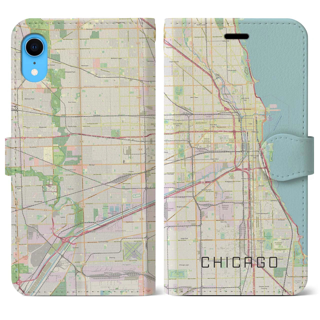 【シカゴ(アメリカ)】地図柄iPhoneケース(手帳タイプ)ナチュラル・iPhone XR 用