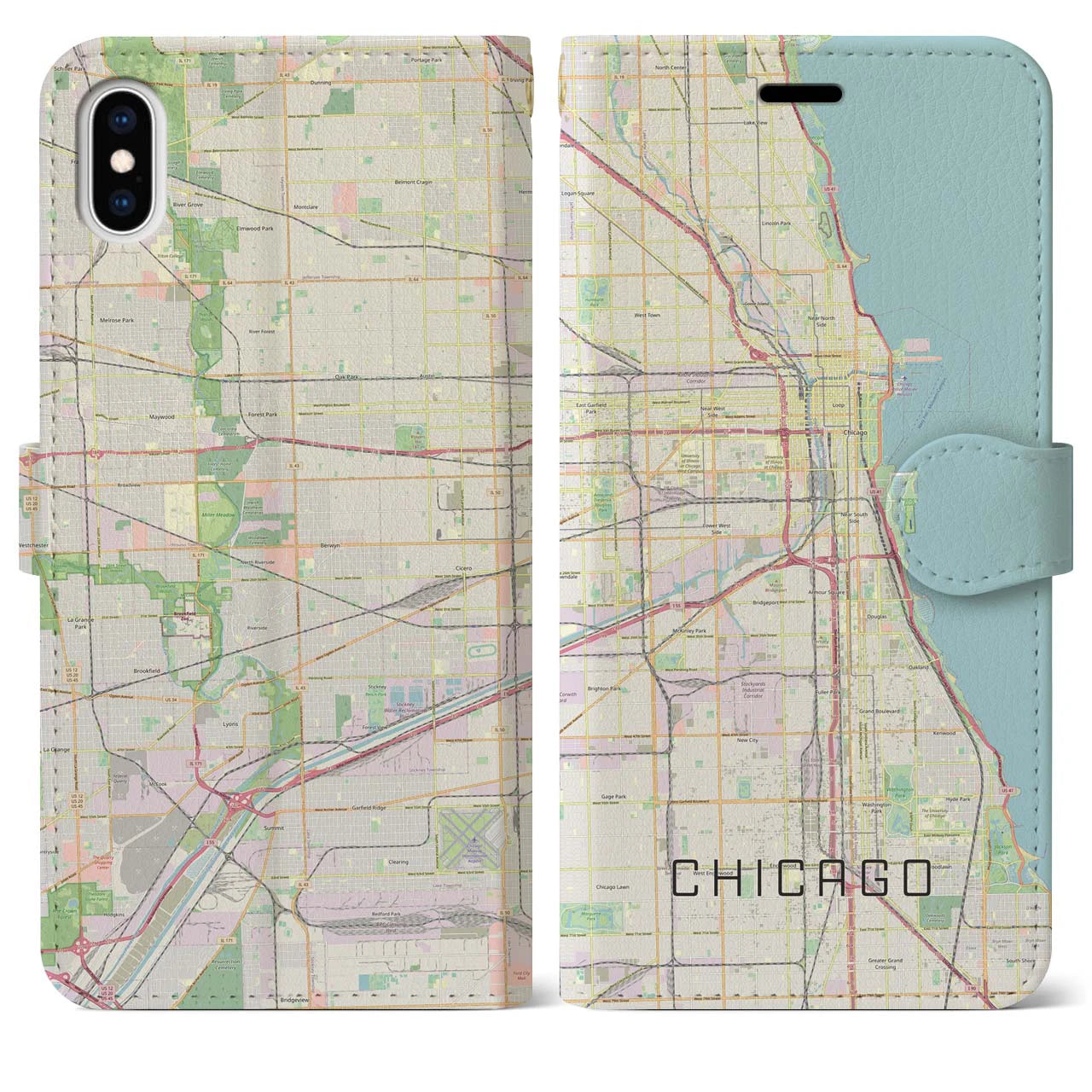 【シカゴ(アメリカ)】地図柄iPhoneケース(手帳タイプ)ナチュラル・iPhone XS Max 用
