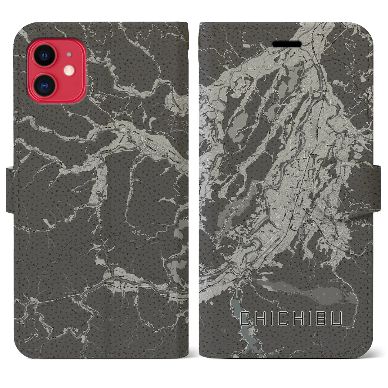【秩父(埼玉県)】地図柄iPhoneケース(手帳タイプ)モノトーン・iPhone 11 用