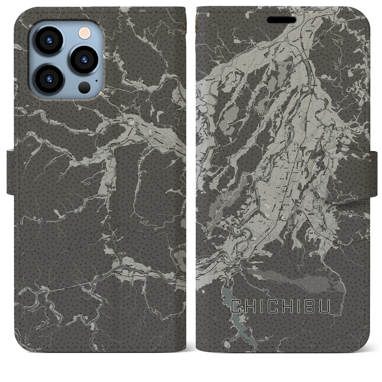 【秩父(埼玉県)】地図柄iPhoneケース(手帳タイプ)モノトーン・iPhone 13 Pro Max 用