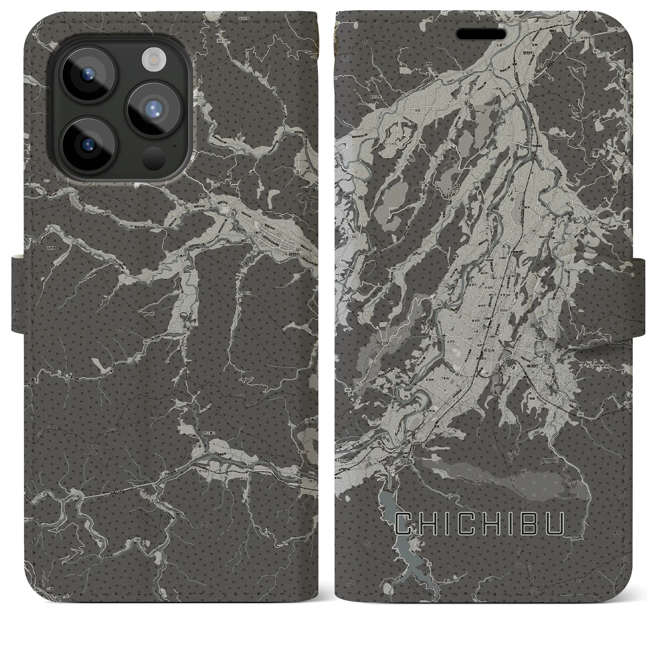 【秩父(埼玉県)】地図柄iPhoneケース(手帳タイプ)モノトーン・iPhone 15 Pro Max 用