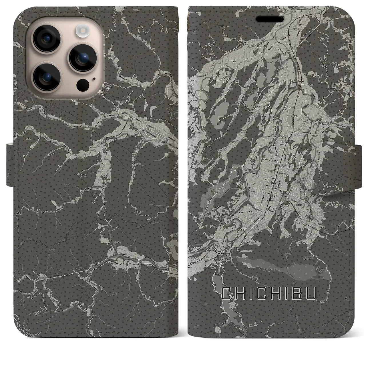 【秩父(埼玉県)】地図柄iPhoneケース(手帳タイプ)モノトーン・iPhone 16 Plus 用
