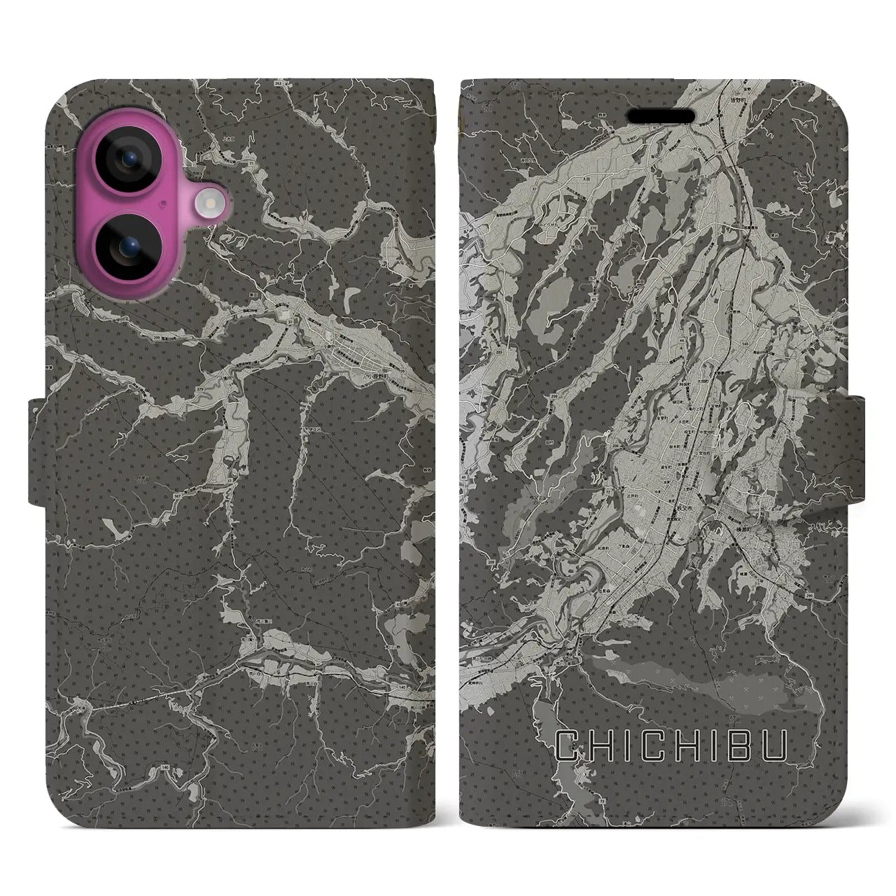 【秩父(埼玉県)】地図柄iPhoneケース(手帳タイプ)モノトーン・iPhone 16 Pro 用
