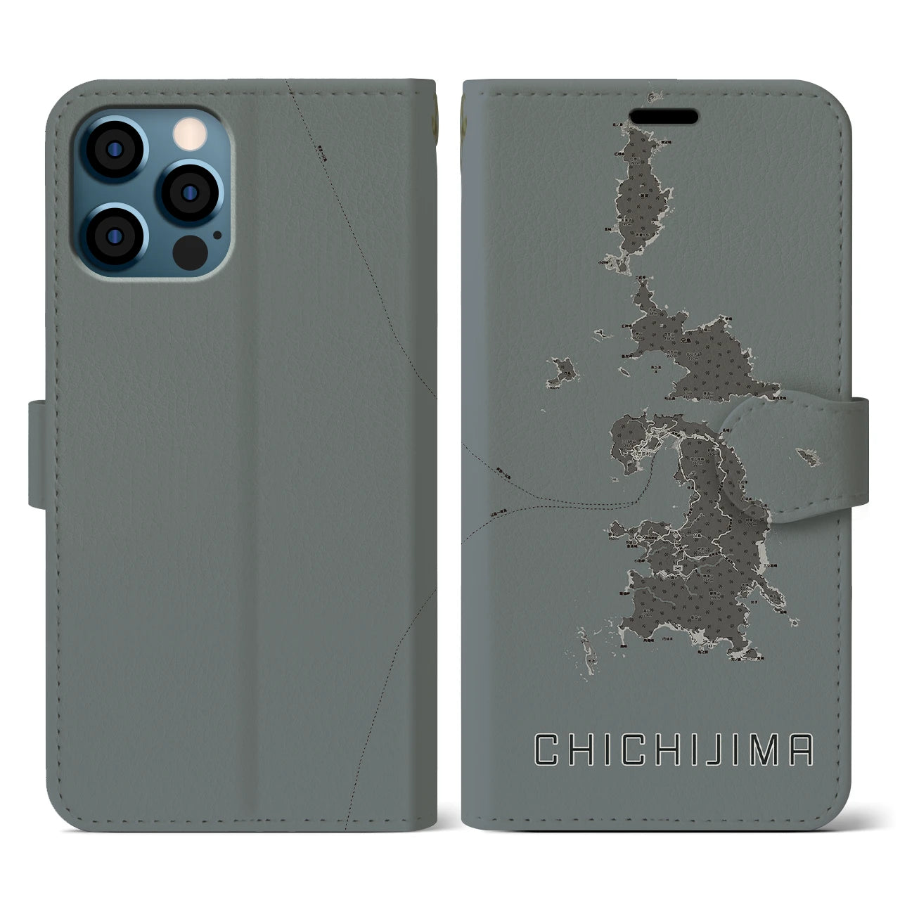 【父島(東京都)】地図柄iPhoneケース(手帳タイプ)モノトーン・iPhone 12 / 12 Pro 用