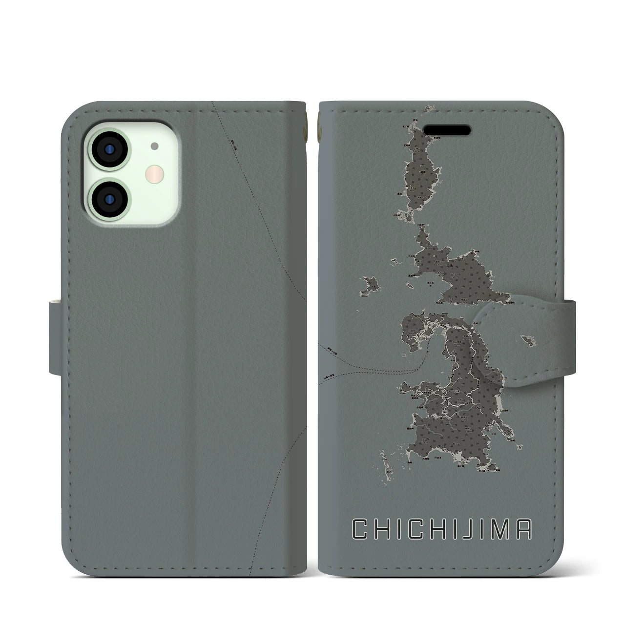 【父島(東京都)】地図柄iPhoneケース(手帳タイプ)モノトーン・iPhone 12 mini 用