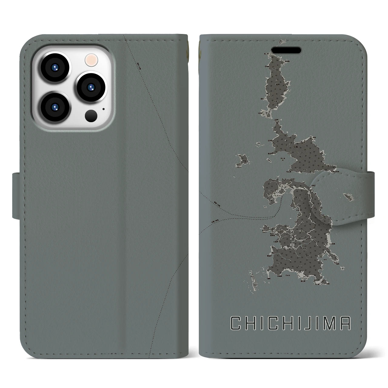 【父島(東京都)】地図柄iPhoneケース(手帳タイプ)モノトーン・iPhone 13 Pro 用