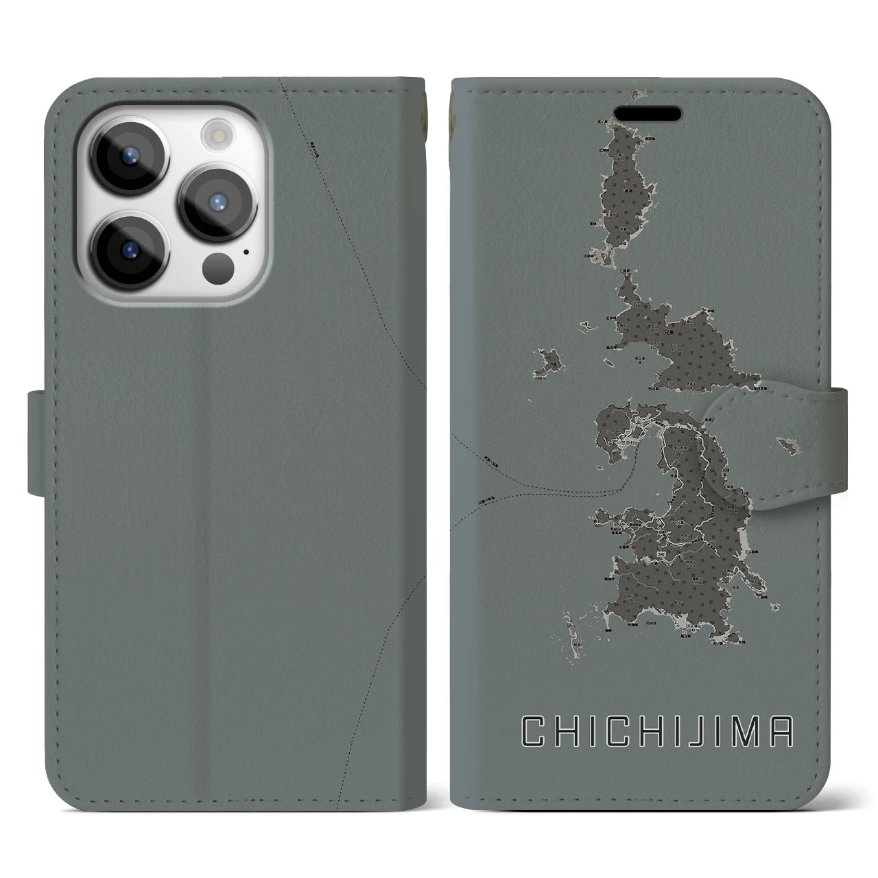 【父島(東京都)】地図柄iPhoneケース(手帳タイプ)モノトーン・iPhone 14 Pro 用