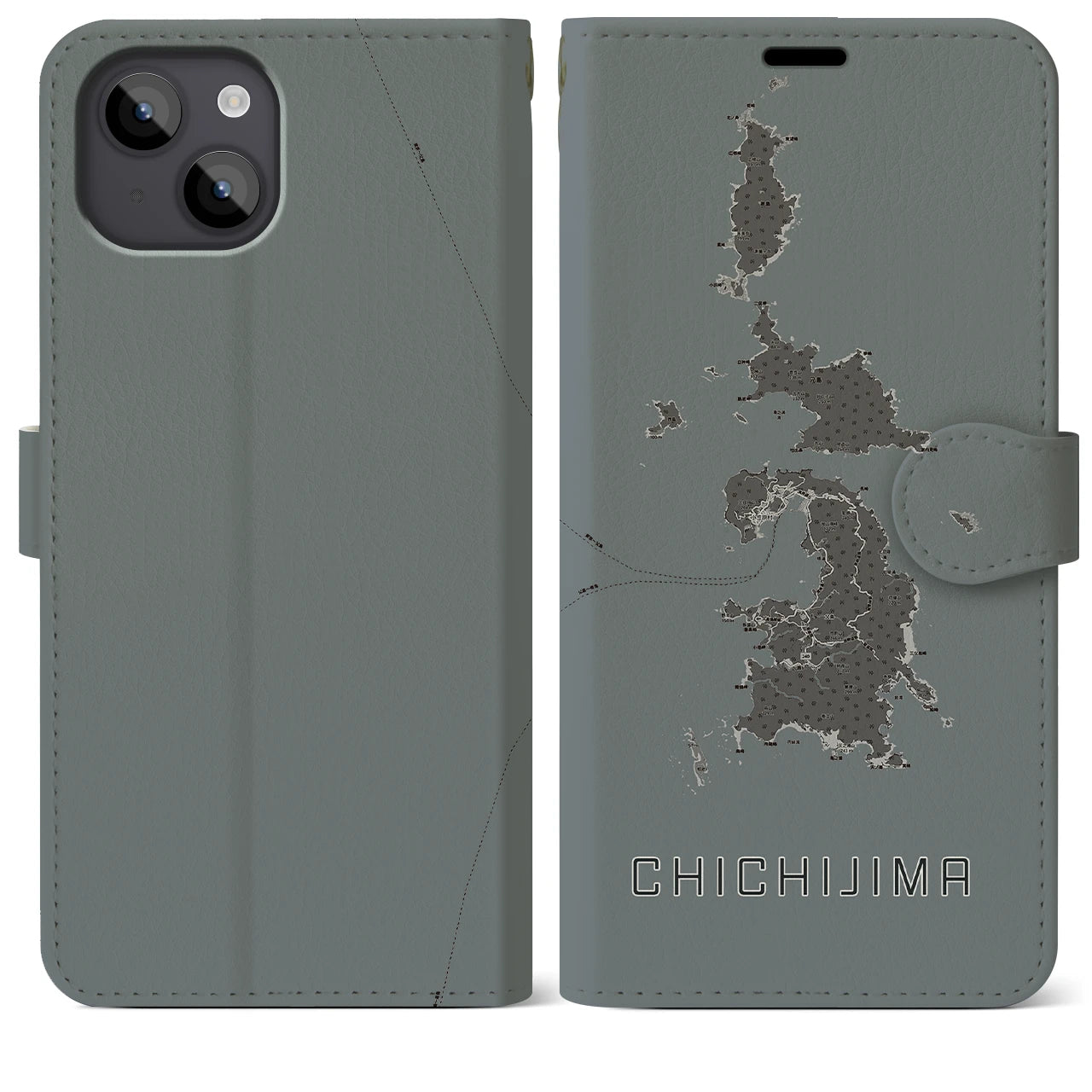 【父島(東京都)】地図柄iPhoneケース(手帳タイプ)モノトーン・iPhone 14 Plus 用
