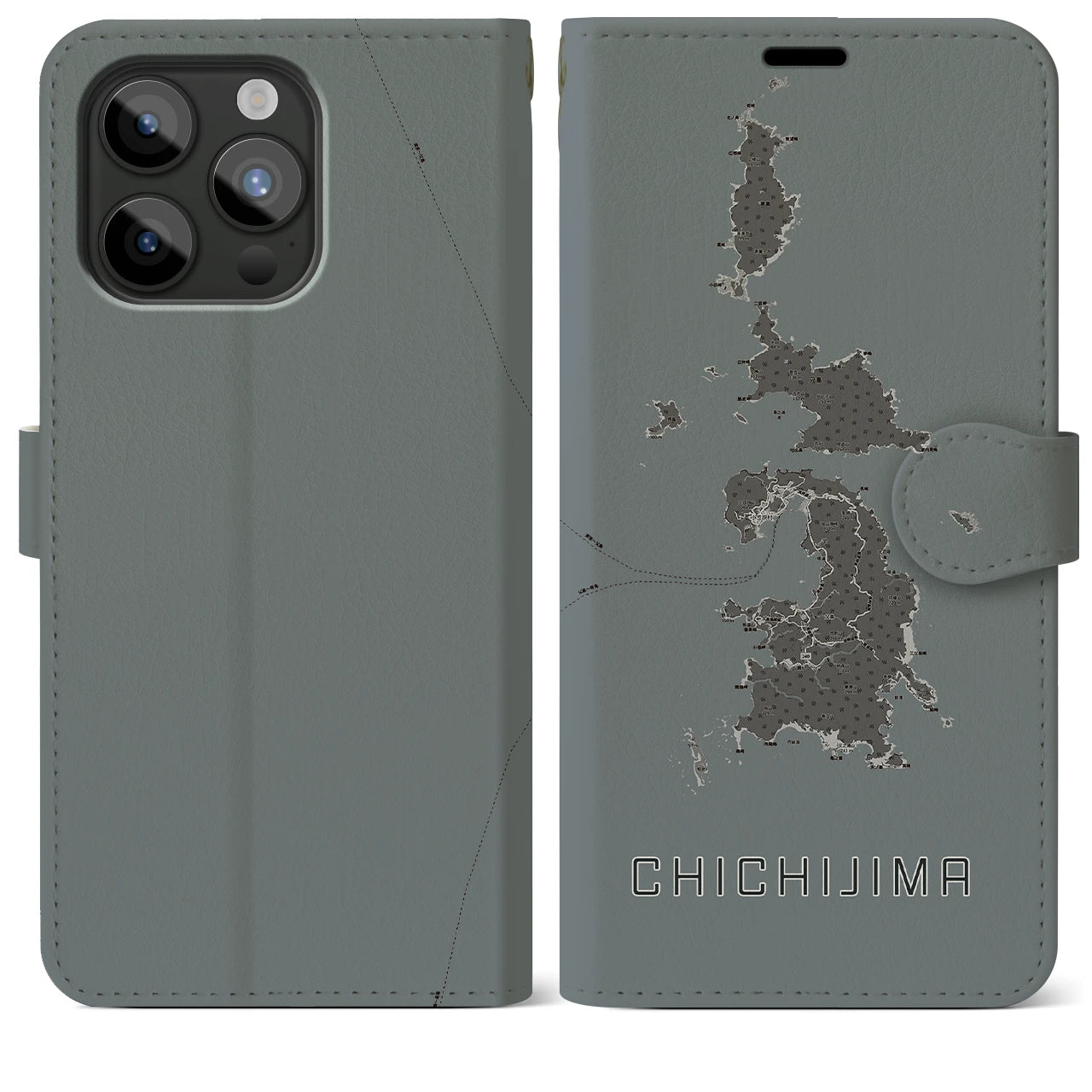 【父島(東京都)】地図柄iPhoneケース(手帳タイプ)モノトーン・iPhone 15 Pro Max 用