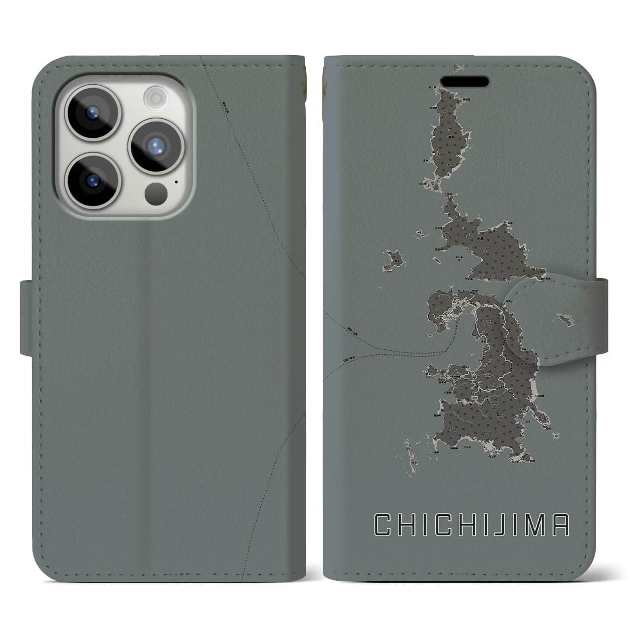 【父島(東京都)】地図柄iPhoneケース(手帳タイプ)モノトーン・iPhone 15 Pro 用