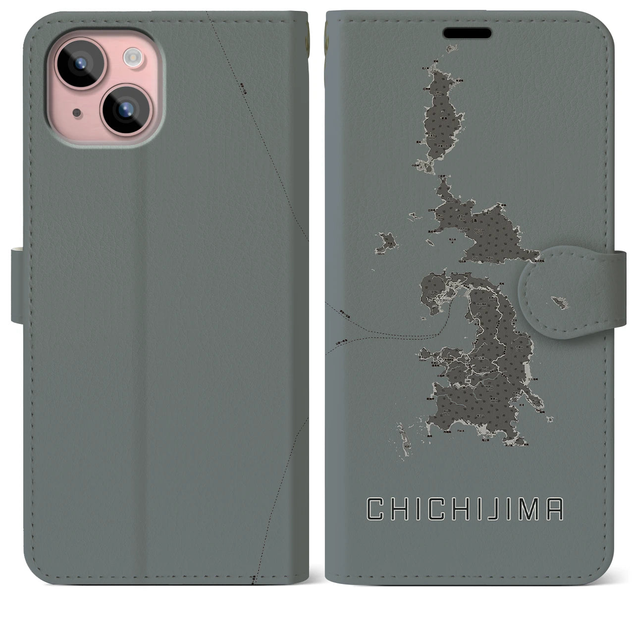 【父島(東京都)】地図柄iPhoneケース(手帳タイプ)モノトーン・iPhone 15 Plus 用