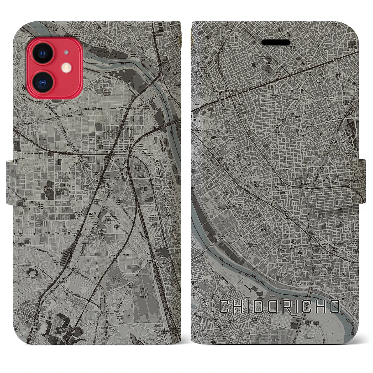 【千鳥町(東京都)】地図柄iPhoneケース(手帳タイプ)モノトーン・iPhone 11 用